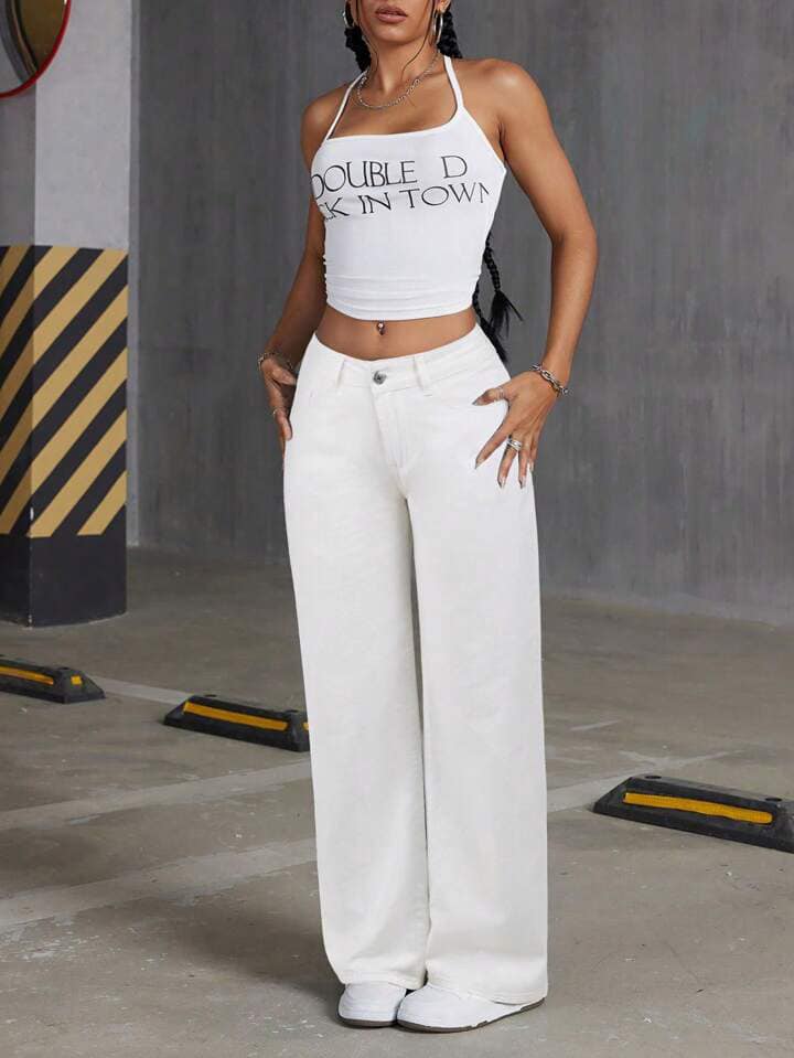 CM-BS761692 Women Casual Seoul Style Embroidery Bow Loose Wide-Leg Denim Pants - White