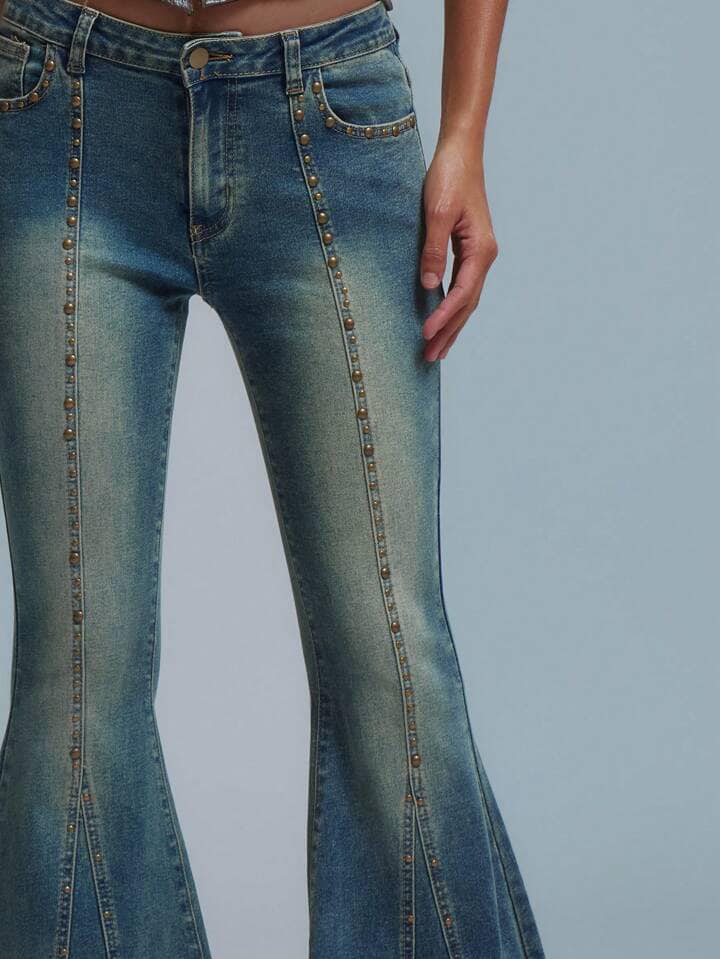 CM-BS187828 Women Casual Seoul Style Low Rise Studded Flare Leg Jeans
