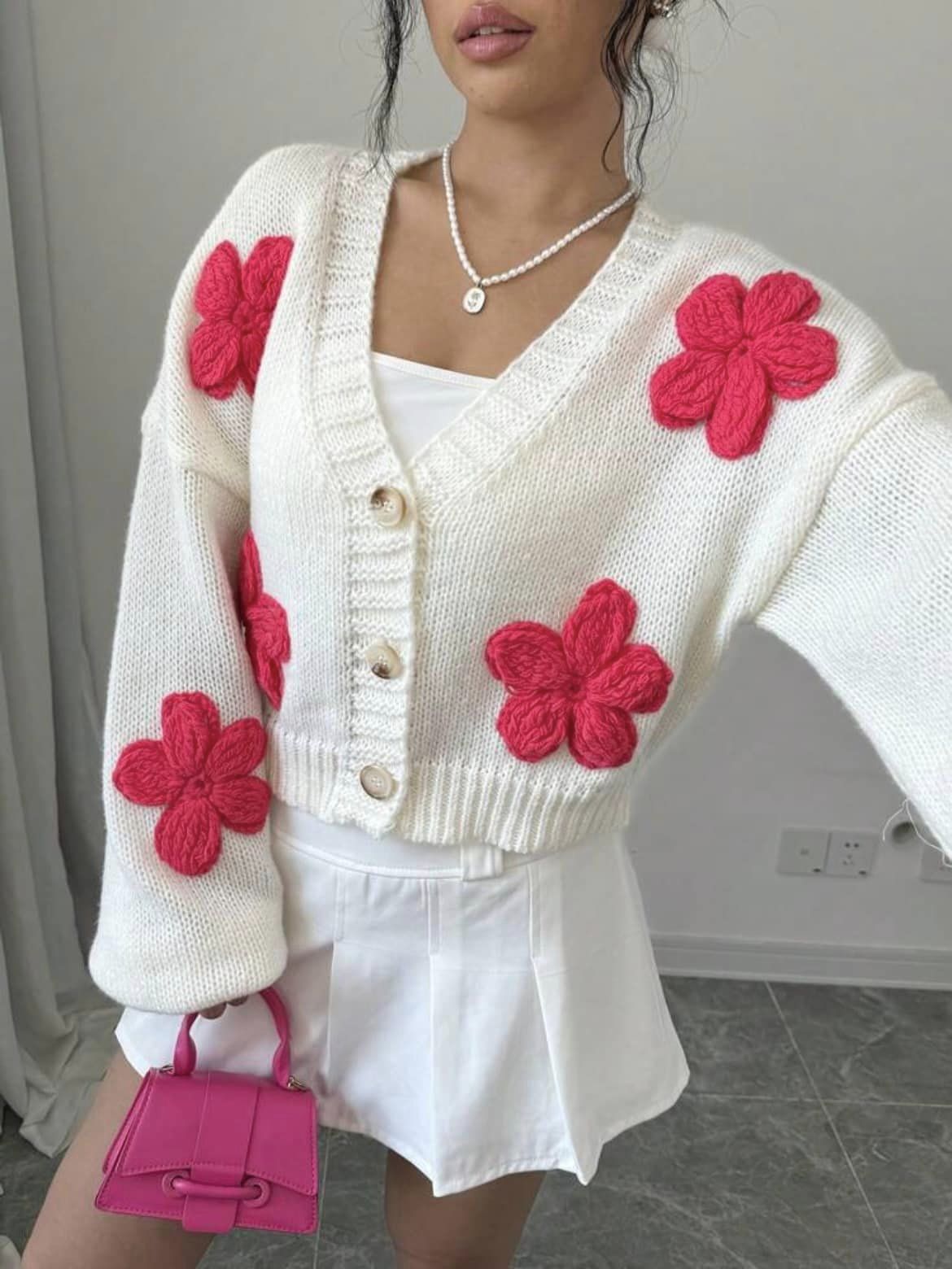 CM-CS833495 Women Casual Seoul Style Floral Print Color Blocking Long Sleeve Cardigan