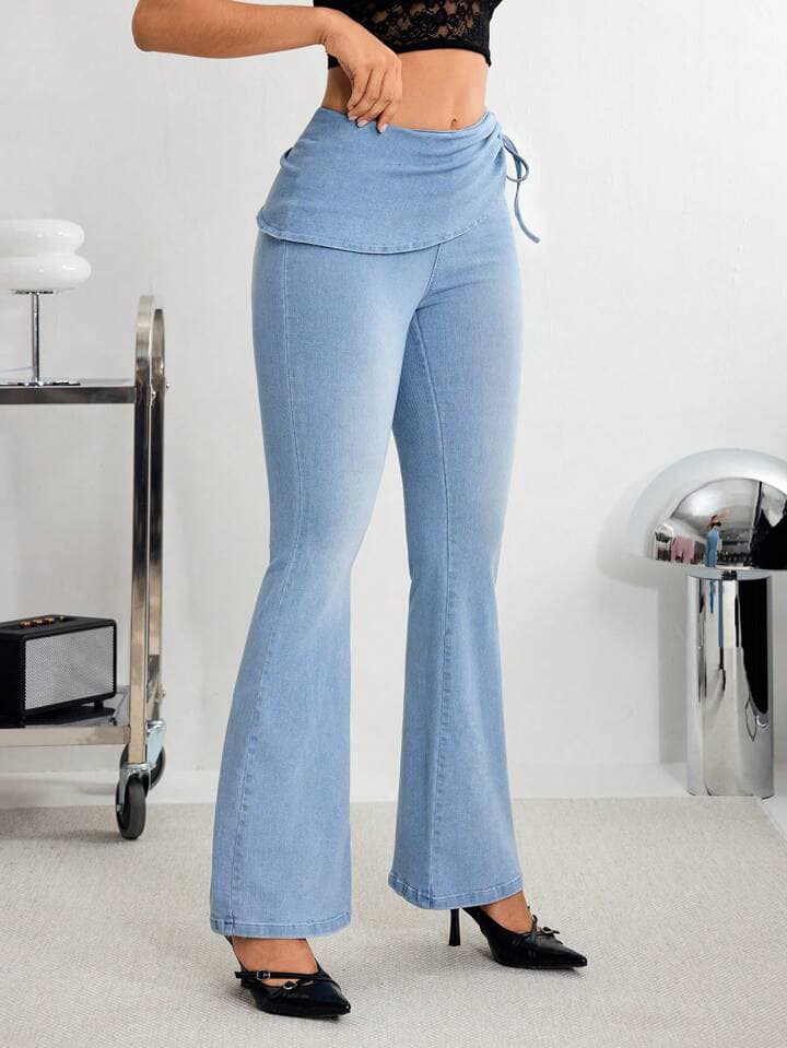 CM-BS902480 Women Casual Seoul Style Side Zipper Lace-Up Drop Waist Denim Jeans - Blue