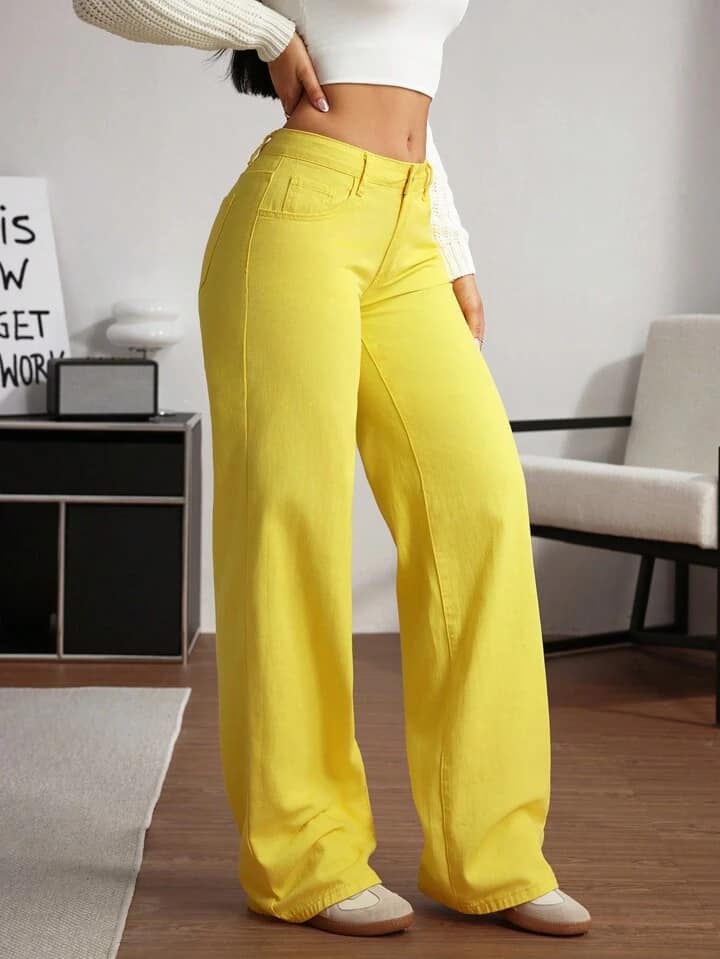 CM-BS332267 Women Casual Seoul Style Drop Waist Wide Leg Loose Denim Jeans - Yellow