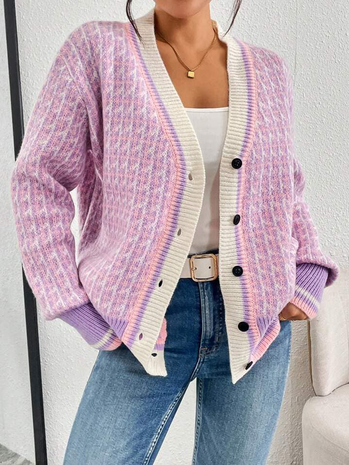 CM-CS172832 Women Casual Seoul Style Contrast Color Long Sleeve Plaid Cardigan
