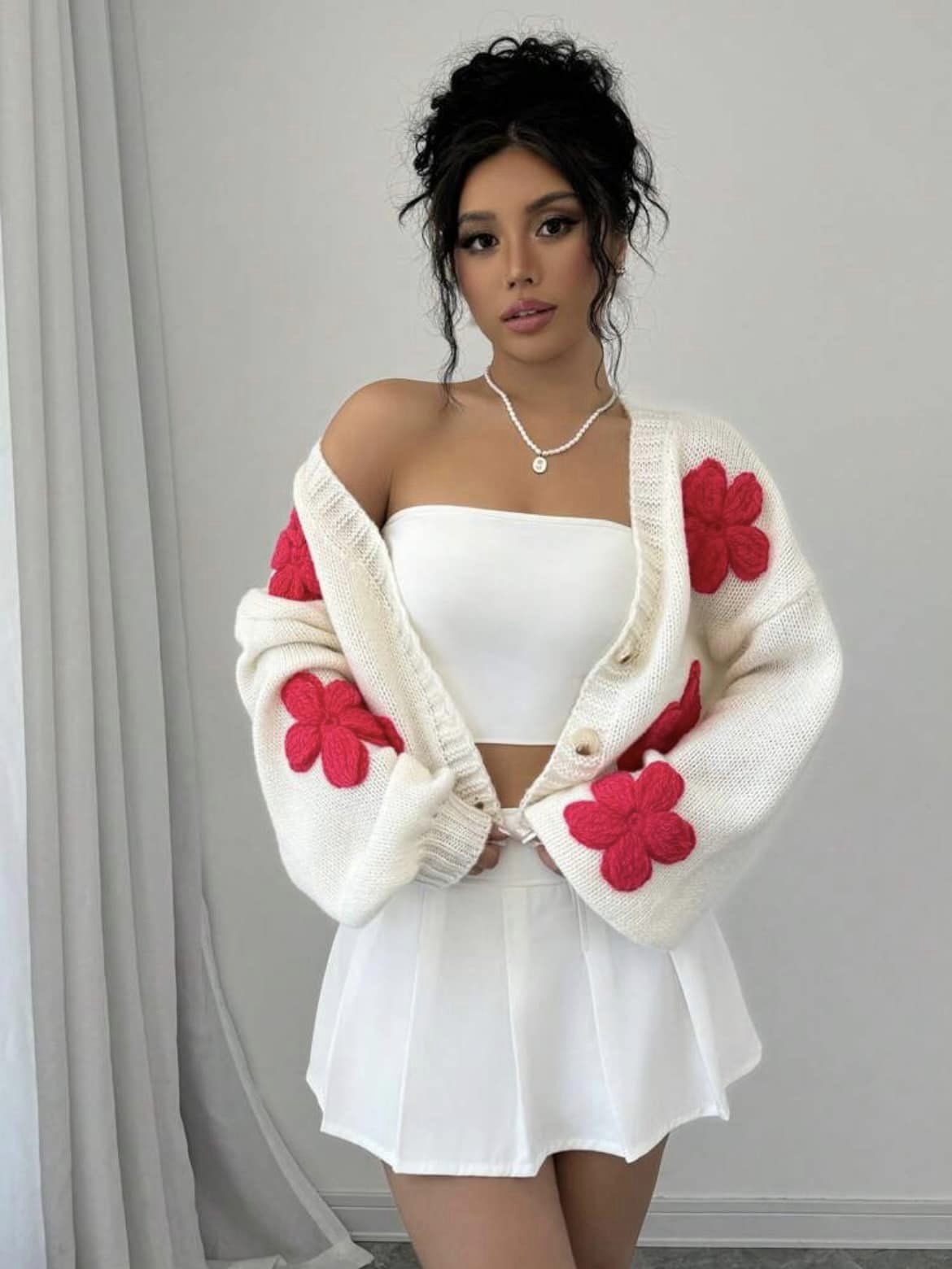 CM-CS833495 Women Casual Seoul Style Floral Print Color Blocking Long Sleeve Cardigan