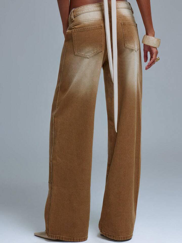 CM-BS439277 Women Casual Seoul Style Acid Wash Straight Leg Studded Panel Jeans