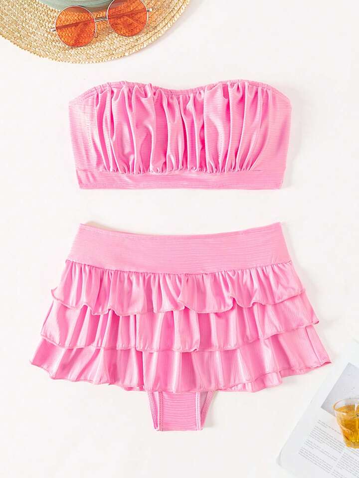 CM-SWS652982 Women Trendy Seoul Style Ruffled Tiered Layer Swimsuit - Pink