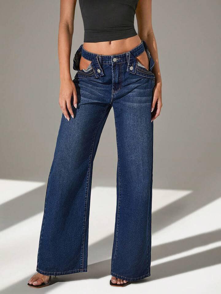 CM-BS280600 Women Casual Seoul Style Dark Wash Zipper Fly Cutout Wide Leg Jeans