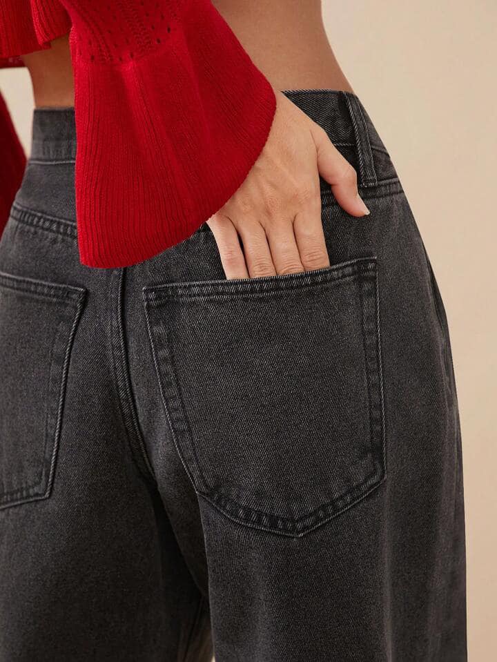 CM-BS841235 Women Casual Seoul Style Mid Rise Premium Denim Straight Leg Jeans - Black