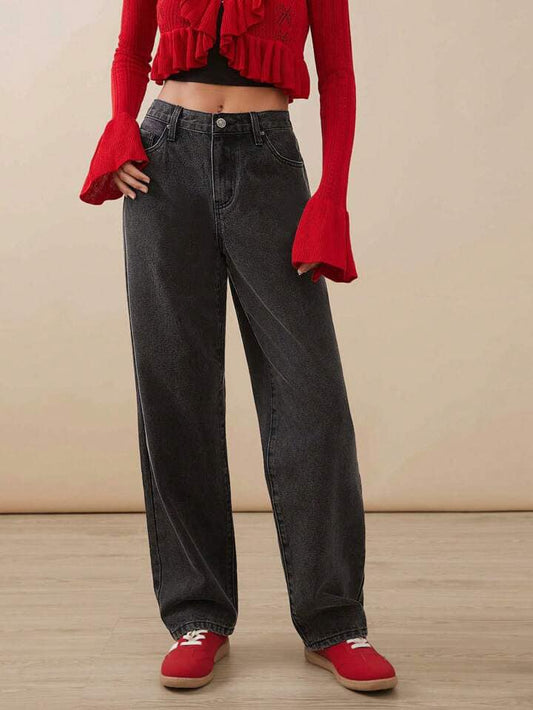 CM-BS841235 Women Casual Seoul Style Mid Rise Premium Denim Straight Leg Jeans - Black