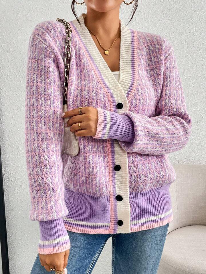 CM-CS172832 Women Casual Seoul Style Contrast Color Long Sleeve Plaid Cardigan