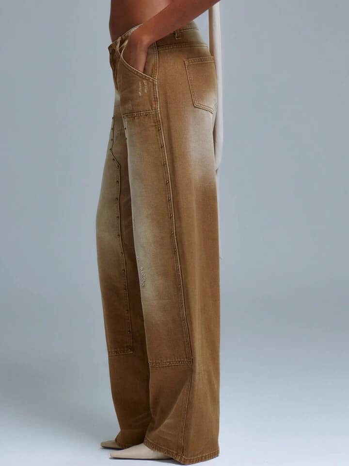 CM-BS439277 Women Casual Seoul Style Acid Wash Straight Leg Studded Panel Jeans
