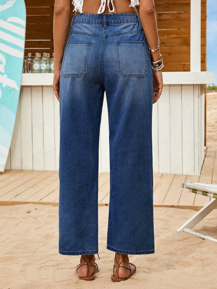 CM-BS490695 Women Casual Seoul Style Loose Fit 3/4 Length Straight Leg Jeans Denim