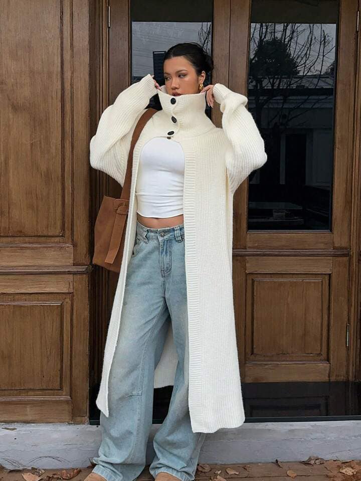 CM-CS067304 Women Casual Seoul Style Solid Color Drop Shoulder Long Sleeve Cardigan - Apricot