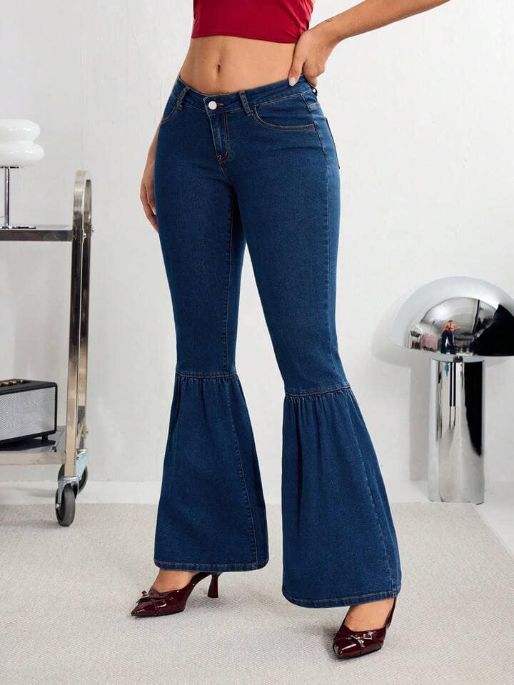 CM-BS440919 Women Casual Seoul Style Dark Wash Drop Waist Slanted Pocket Flare Leg Jeans