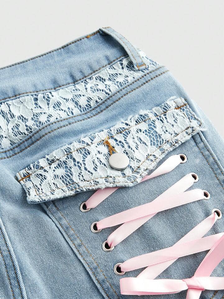 CM-BS980155 Women Casual Seoul Style Lace Ribbon Tie Flare Leg Denim Jeans - Blue