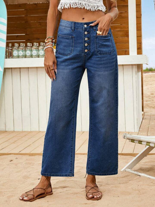 CM-BS490695 Women Casual Seoul Style Loose Fit 3/4 Length Straight Leg Jeans Denim