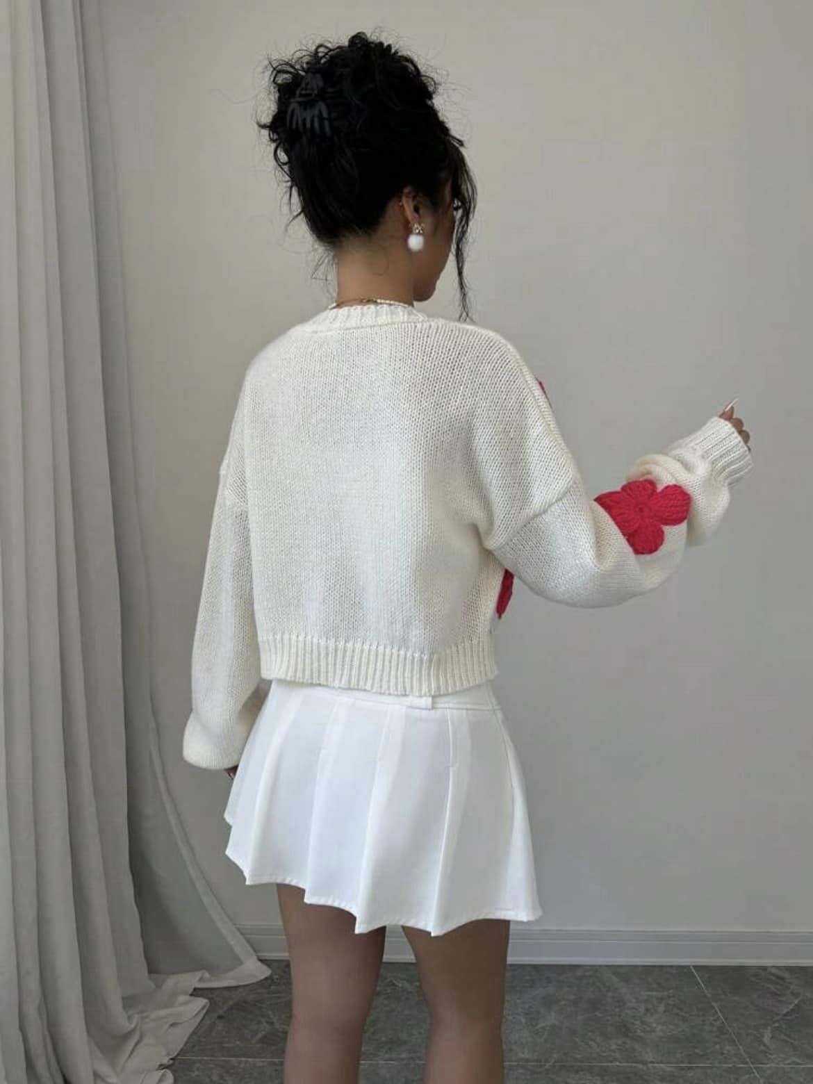 CM-CS833495 Women Casual Seoul Style Floral Print Color Blocking Long Sleeve Cardigan