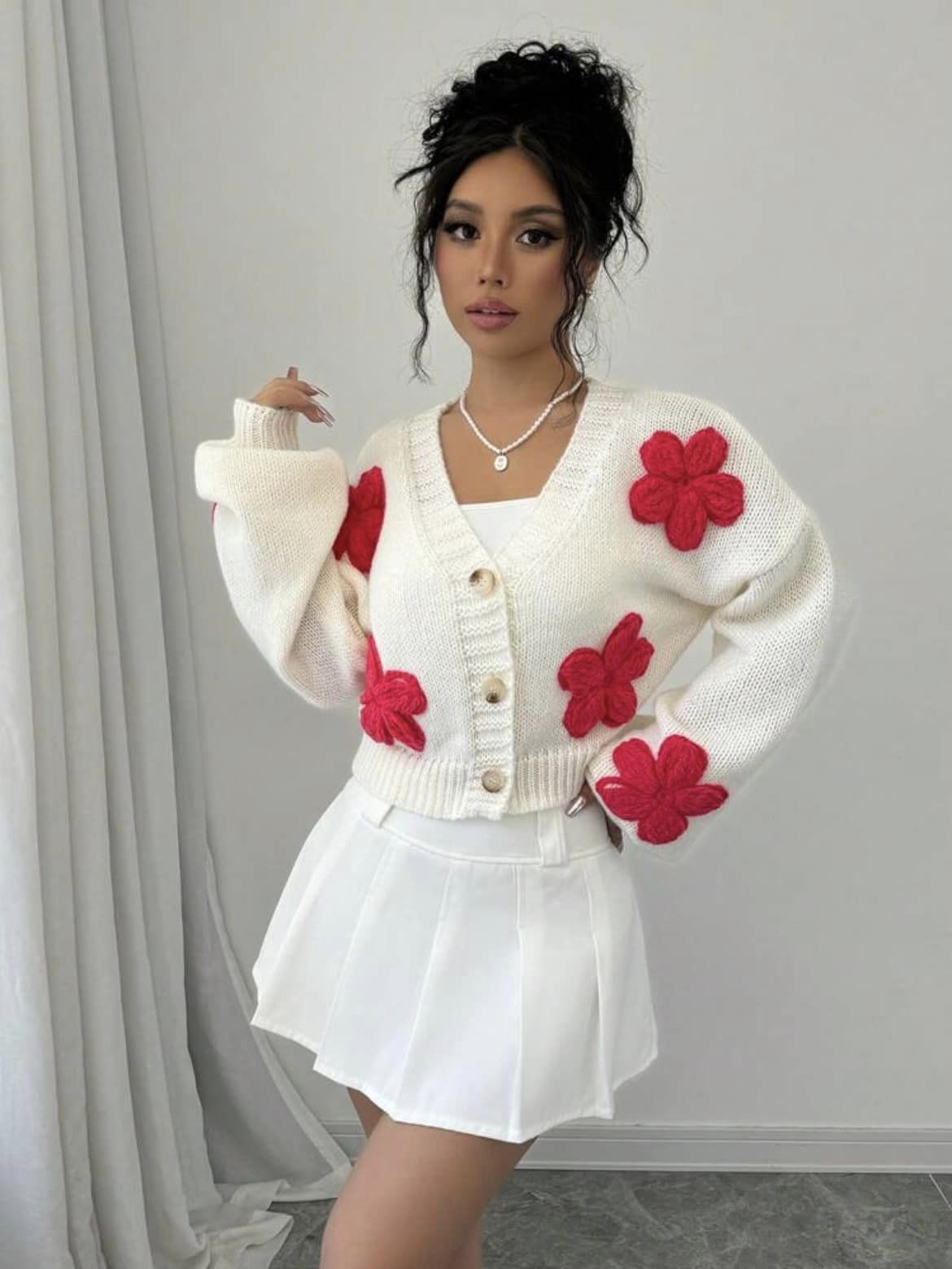 CM-CS833495 Women Casual Seoul Style Floral Print Color Blocking Long Sleeve Cardigan