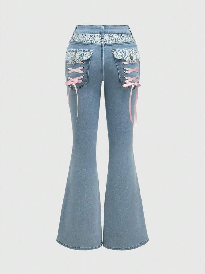 CM-BS980155 Women Casual Seoul Style Lace Ribbon Tie Flare Leg Denim Jeans - Blue