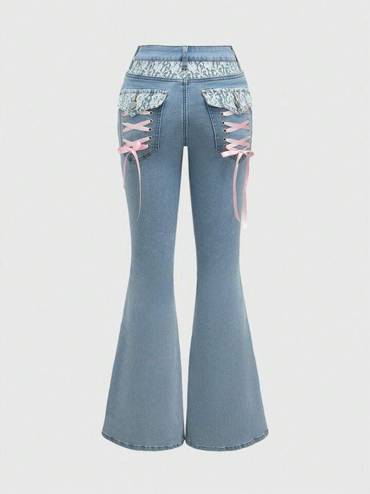 CM-BS980155 Women Casual Seoul Style Lace Ribbon Tie Flare Leg Denim Jeans - Blue
