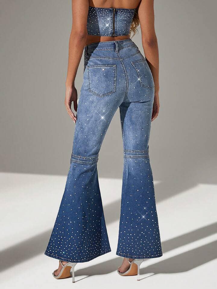 CM-BS332375 Women Elegant Seoul Style Front Button Pocket Rhinestone Embellished Denim Jeans