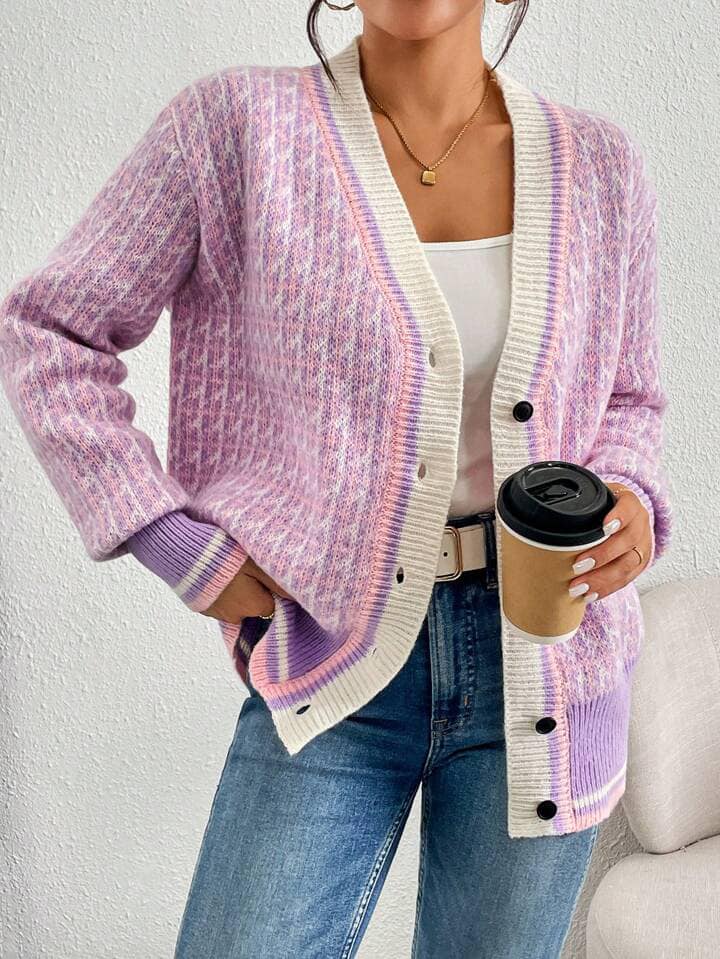 CM-CS172832 Women Casual Seoul Style Contrast Color Long Sleeve Plaid Cardigan