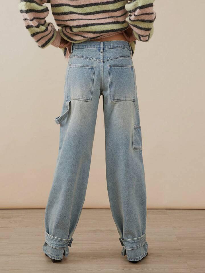 CM-BS077839 Women Casual Seoul Style Light Wash Premium Denim Utility Straight Leg Jeans