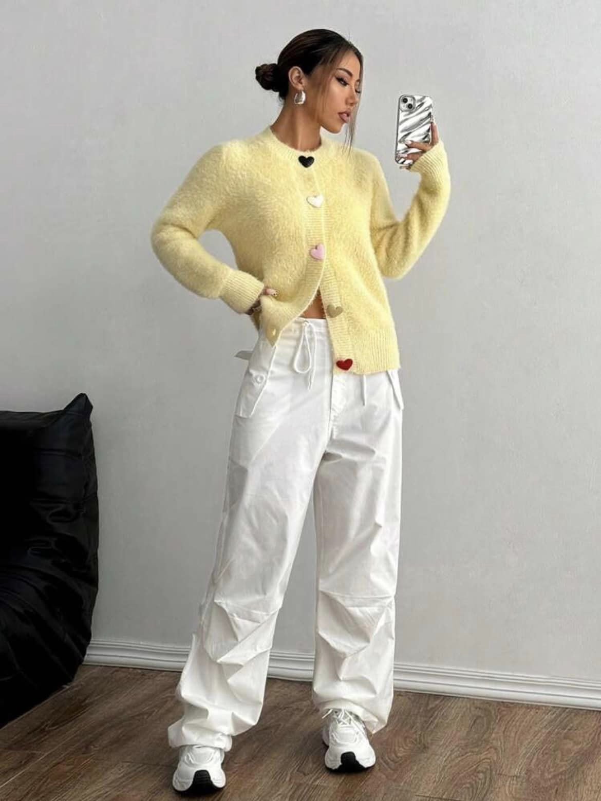 CM-CS364444 Women Casual Seoul Style Colorful Heart Button Front Cardigan - Yellow