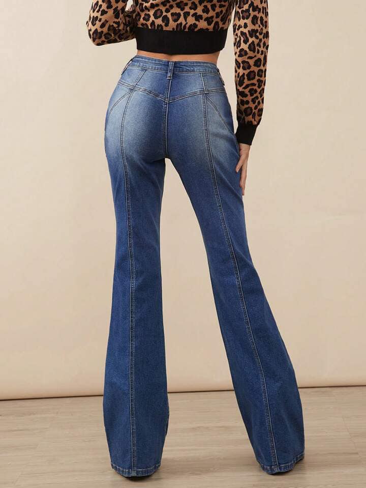 CM-BS697288 Women Casual Seoul Style Medium Wash High Waist Premium Denim Flare Jeans