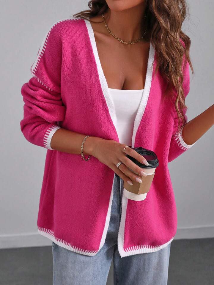 CM-CS456297 Women Casual Seoul Style Oversized Ribbed Trim Dolman Sleeve Cardigan - Hot Pink