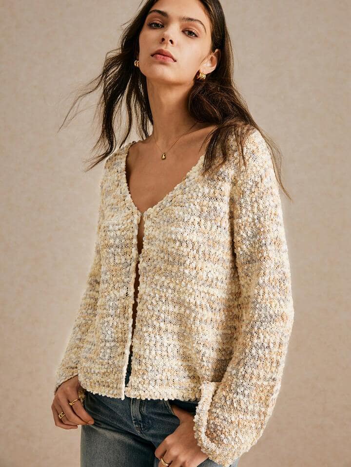 CM-CS721622 Women Casual Seoul Style V-Neck Button Front Long Sleeve Soft Fluffy Cardigan
