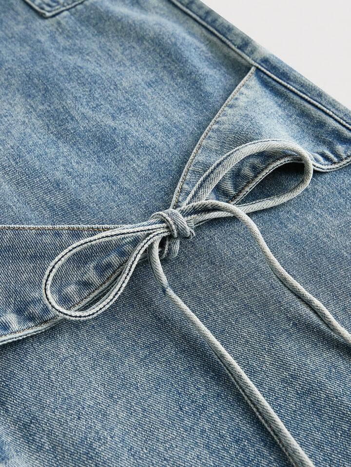CM-BS767619 Women Casual Seoul Style Bowknot Belt Design Loose Fit Wide Leg Jeans - Blue