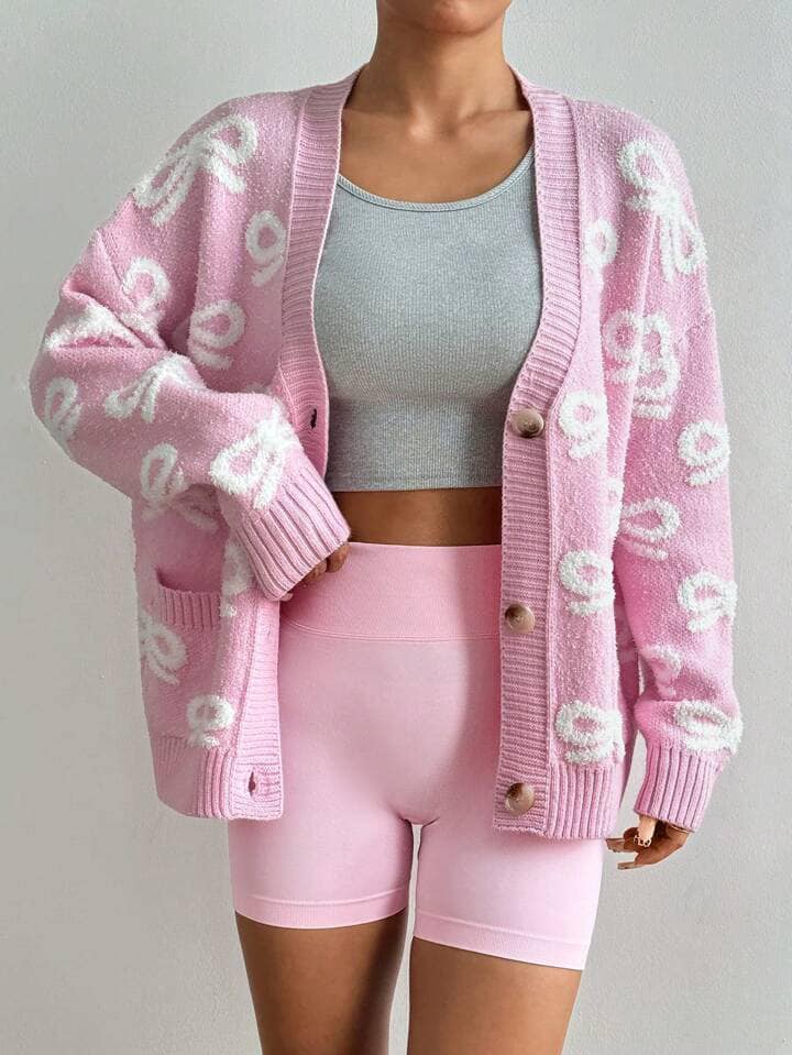 CM-CS475574 Women Casual Seoul Style Bow Detail Long Sleeve Oversized Cardigan