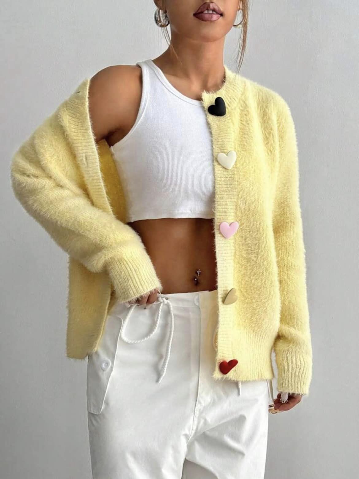 CM-CS364444 Women Casual Seoul Style Colorful Heart Button Front Cardigan - Yellow