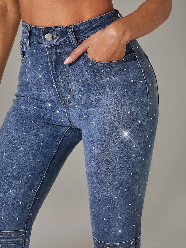 CM-BS332375 Women Elegant Seoul Style Front Button Pocket Rhinestone Embellished Denim Jeans