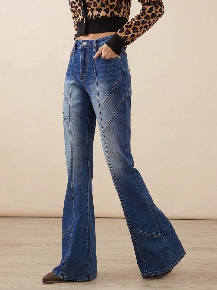 CM-BS697288 Women Casual Seoul Style Medium Wash High Waist Premium Denim Flare Jeans