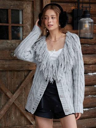CM-CS381949 Women Casual Seoul Style Furry Collar Long Sleeve Buttoned Cardigan - Gray