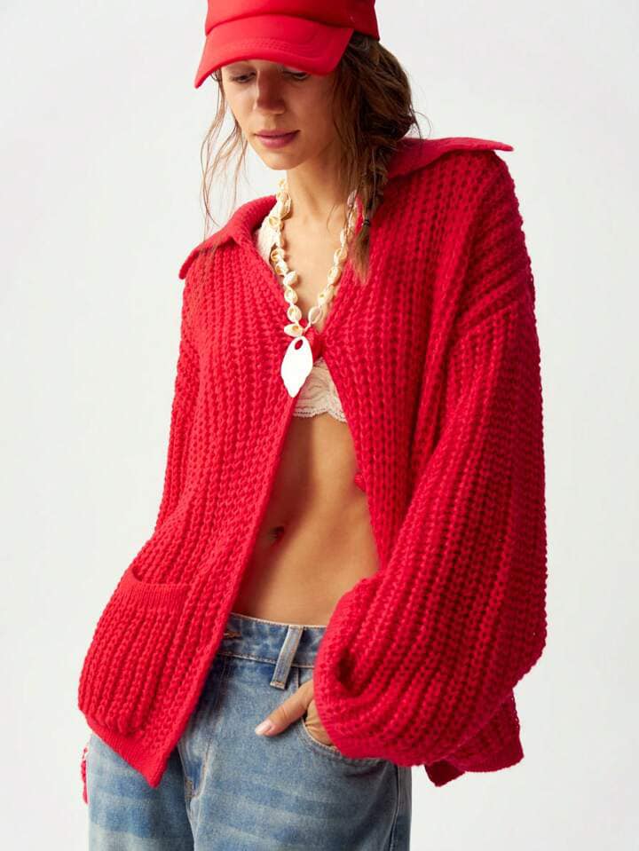 CM-CS604003 Women Trendy Bohemian Style Solid Color Long Sleeve Cardigan Sweater - Red