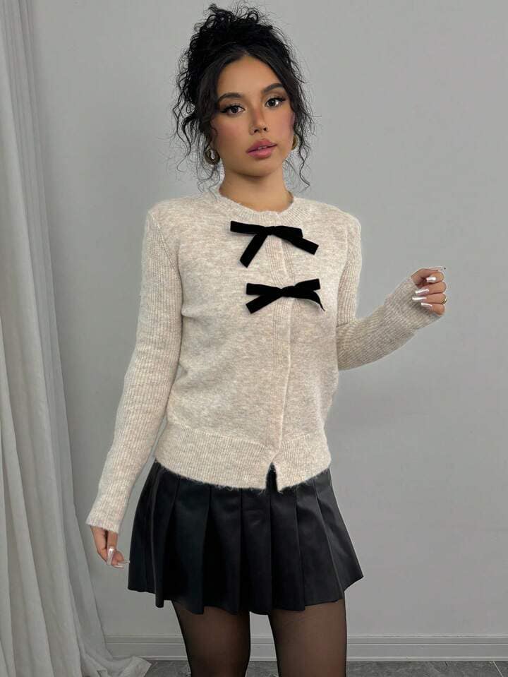 CM-CS140608 Women Casual Seoul Style Bow Decor Button Front Cardigan Sweater - Apricot