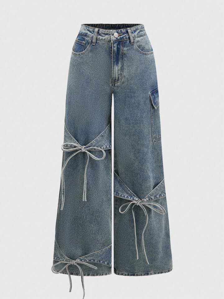 CM-BS767619 Women Casual Seoul Style Bowknot Belt Design Loose Fit Wide Leg Jeans - Blue
