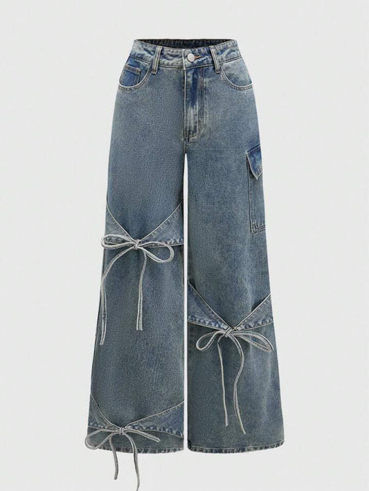CM-BS767619 Women Casual Seoul Style Bowknot Belt Design Loose Fit Wide Leg Jeans - Blue