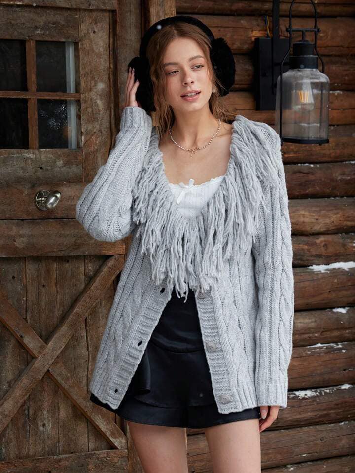 CM-CS381949 Women Casual Seoul Style Furry Collar Long Sleeve Buttoned Cardigan - Gray