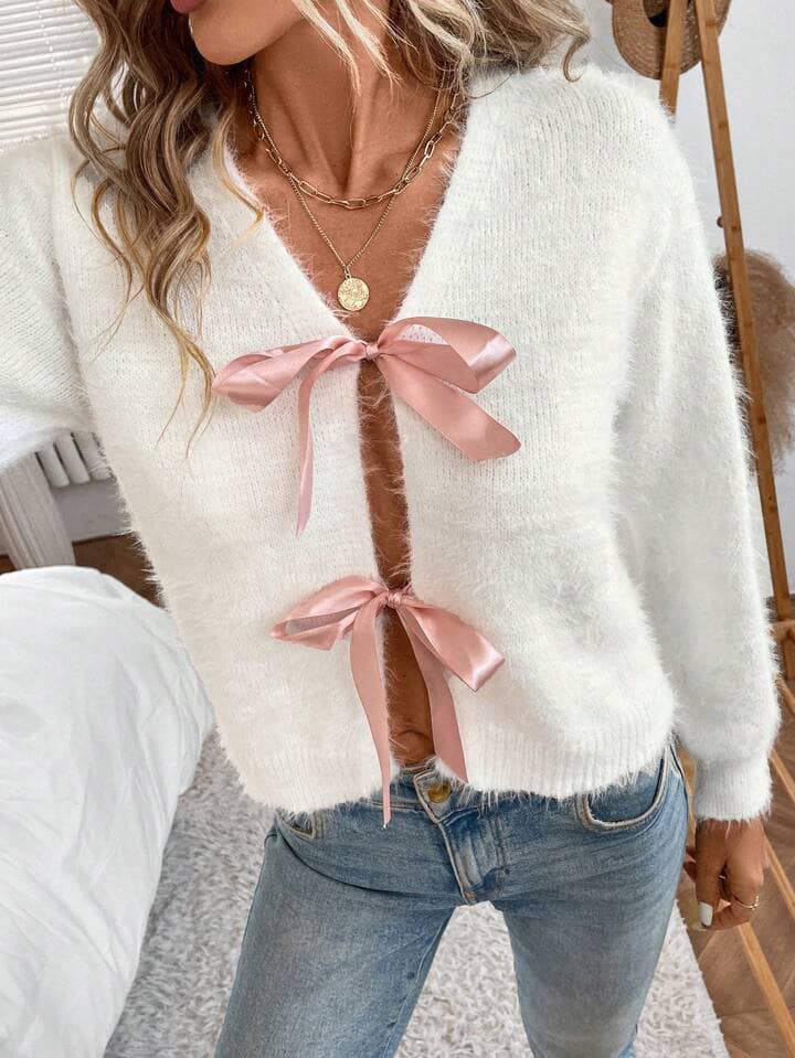 CM-CS097685 Women Casual Seoul Style Bowknot V-Neck Lantern Sleeve Sweater - White