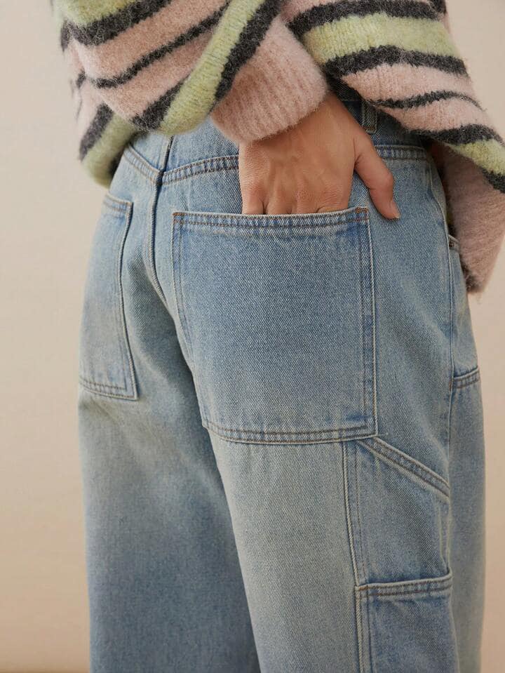 CM-BS077839 Women Casual Seoul Style Light Wash Premium Denim Utility Straight Leg Jeans