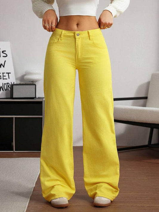 CM-BS332267 Women Casual Seoul Style Drop Waist Wide Leg Loose Denim Jeans - Yellow
