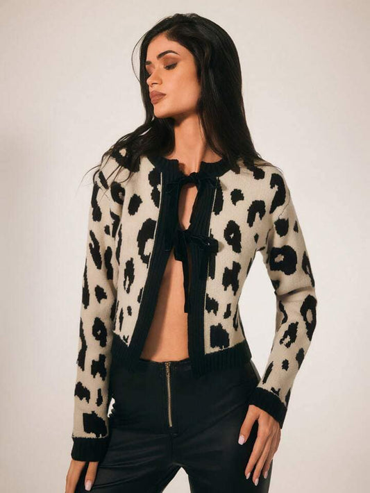 CM-CS617481 Women Casual Seoul Style Leopard Print Tie Front Long Sleeve Cardigan Sweaters