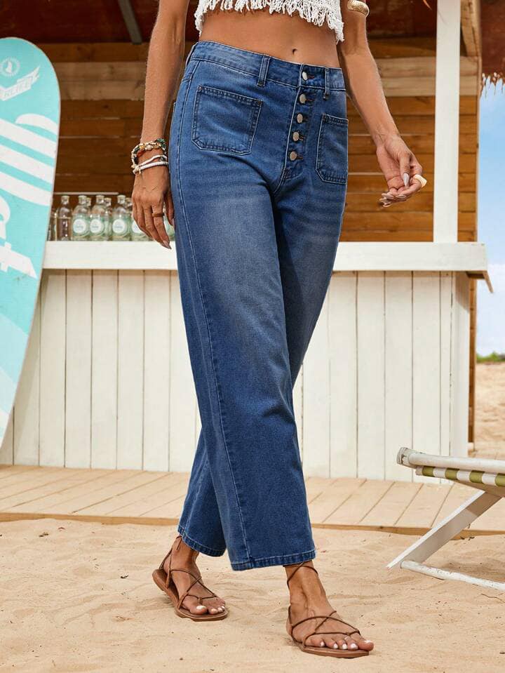 CM-BS490695 Women Casual Seoul Style Loose Fit 3/4 Length Straight Leg Jeans Denim