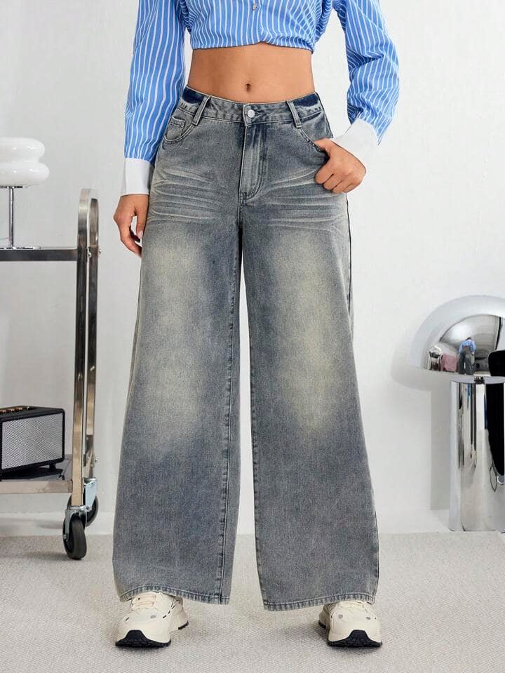CM-BS885005 Women Casual Seoul Style Front Button Multi-Pocket Denim Jeans - Gray