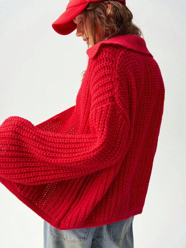 CM-CS604003 Women Trendy Bohemian Style Solid Color Long Sleeve Cardigan Sweater - Red