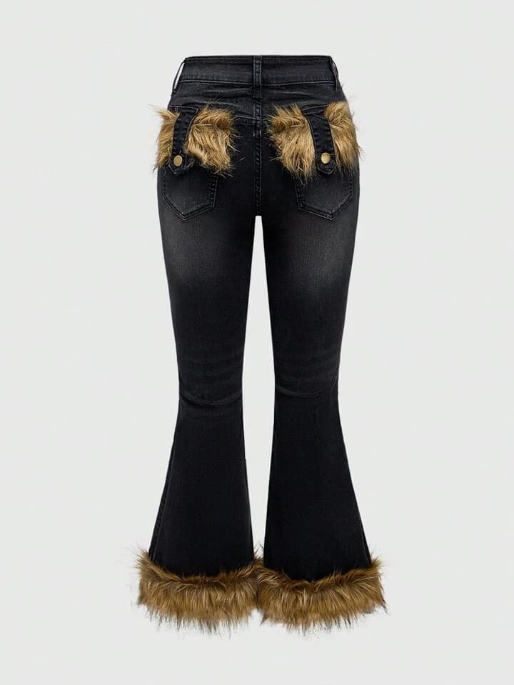 CM-BS464777 Women Casual Seoul Style Patchwork Faux Fur Hem Low Waist Flare Leg Jeans