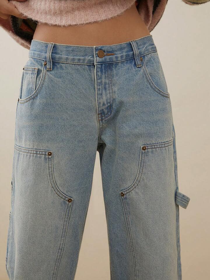 CM-BS077839 Women Casual Seoul Style Light Wash Premium Denim Utility Straight Leg Jeans